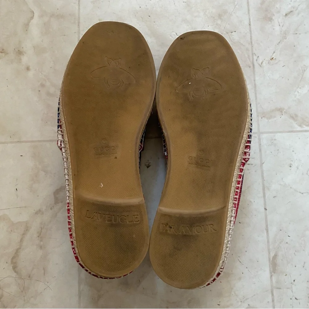 Gucci Sylvie Stripes Interlocking G Logo Canvas Leather Espadrilles Flats size 8